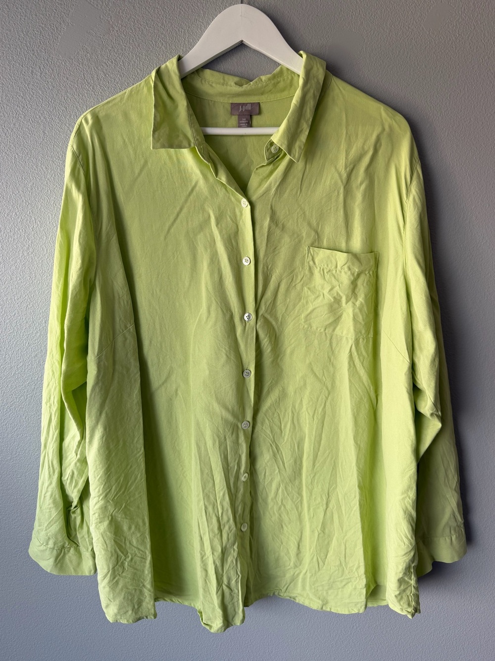 J Jill spring green 100% silk button down long sleeve blouse size 3X